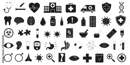 Comprehensive set of black and white medical and healthcare icons hospital syringe heartbeat DNA pharmacy symbols with first aid medical cross healthcare medicine pharmacy hospital