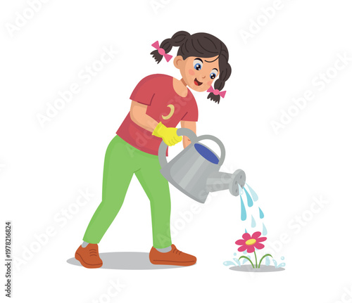 Cartoon girl watering flowers with watering can, gardening and eco care concept for children