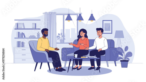 Professional counselor facilitates a therapy session for a young couple sitting together on a sofa in a modern living room.