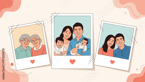 Series of polaroid photographs captures moments of joy across different generations of a family from youth to old age.