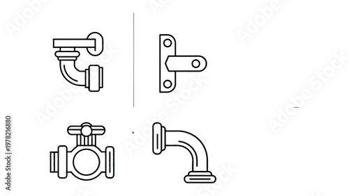 Plumbing fixture set graphic: A minimalist collection of plumbing fixtures and components, designed with clean lines.
