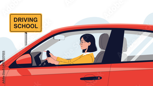 Young woman practices her driving skills in a red car while passing by a yellow driving school sign on a bright sunny day.