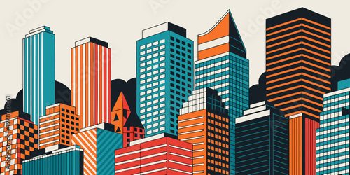 Colorful flat vector illustration of a modern city skyline with skyscrapers and high-rise buildings in a dense urban environment skyscraper building architecture downtown colorful