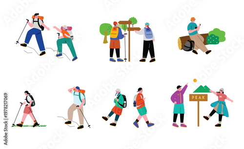 山登りを楽しむ人々のイラストセット