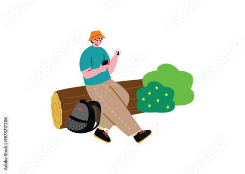 山登り中休憩する男の子のイラスト