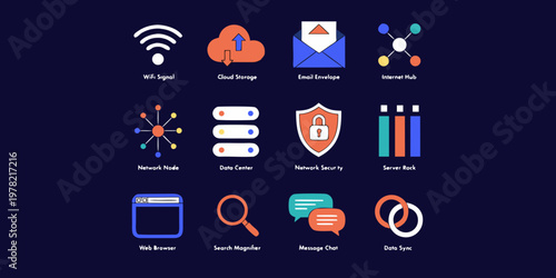 Network and data management technology flat icons set with technology internet security connection infrastructure hardware computer information management protection transfer