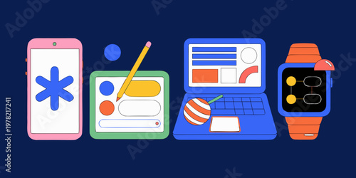 Mobile and desktop digital device workflow illustration with technology workflow communication interface computer business planning application software connection development