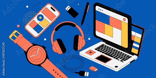 Modern digital workspace and electronic devices isometric composition with workspace technology smartwatch computer electronics hardware isometric business communication