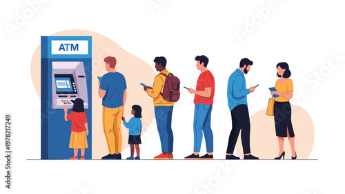 Long line of diverse people stands patiently outdoors while waiting for their turn to use an automated teller machine.