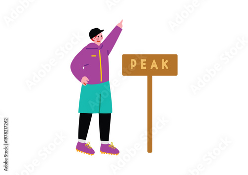 山頂で記念撮影をする男の子のイラスト