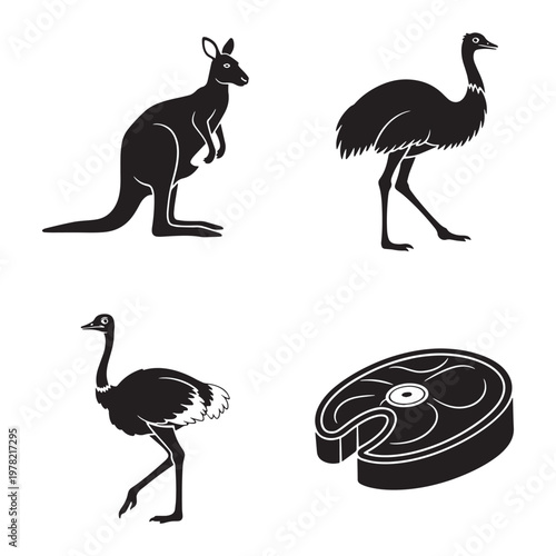 Animal icons kangaroo ostrich wildlife silhouette black set