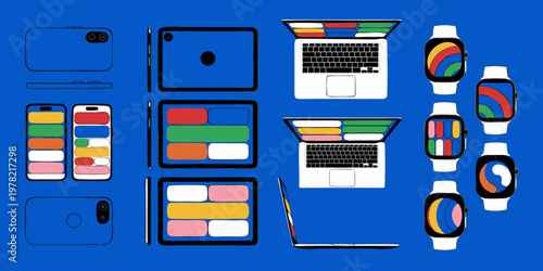 Set of modern electronic devices including smartphones tablets laptops smartwatches with smartphone smartwatch technology electronics collection computer wearable interface