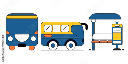 Public bus and bus stop station vector illustration with transport commuter illustration transportation minimalist isolated infrastructure passenger cityscape mobility