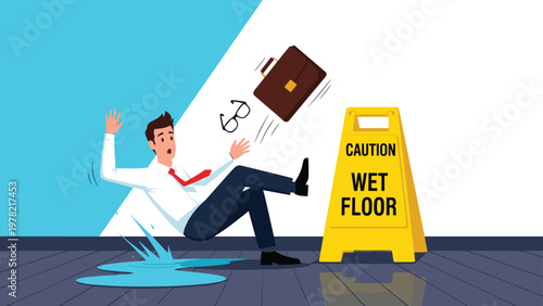 Clumsy businessman slips on a wet floor and loses his balance while his briefcase and glasses fly through the air.