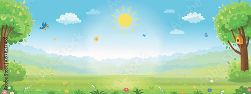 Cute cartoon summer meadow background with green trees, flowers and butterflies under a bright sunny sky. A colorful forest clearing  