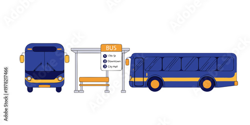 Public bus and bus stop with schedule signage illustration transport commuter illustration transportation schedule infrastructure passenger cityscape mobility conveyance