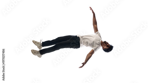 Photography Man floating in air isolated on white background horizontal dynamic lifestyle pose