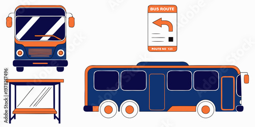 Public transportation bus icons set including bus stop shelter and route sign with transportation graphics navigation commuter location passenger elements illustration transport