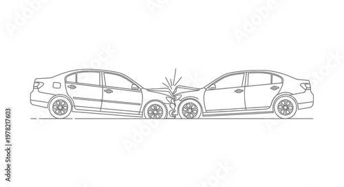 Sketch of two sedans involved in a head on vehicle collision