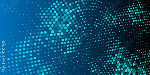 glowing blue dotted texture. Abstract curved dot grid wallpaper. Circle halftone pattern background. Dark navy backdrop for technology, business, science, healthcare, medicine design
