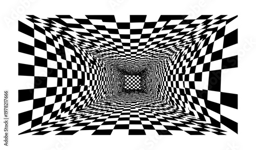 Abstract Chess Board Tunnel Pattern – Black and White Optical Illusion Vector Background