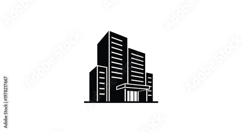 Minimalist black and white illustration of a modern building facade