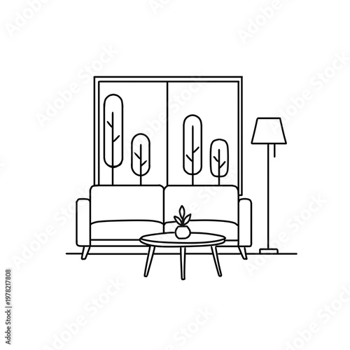 Minimalist line art of a modern living room interior featuring a sofa, coffee table with a plant, floor lamp, and a large window showing garden trees. Clean outline design.