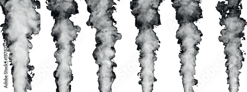 Black and white smoke plumes rising vertically