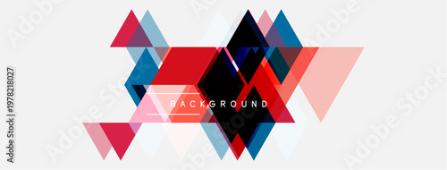 Abstract geometric shapes overlap, creating dynamic composition. Red, blue, pink hues dominate white background. Text reads background.