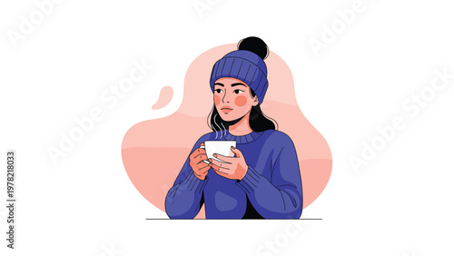 Young woman wearing a warm knit hat and sweater finds comfort in a hot steaming cup of coffee during a cold winter day.