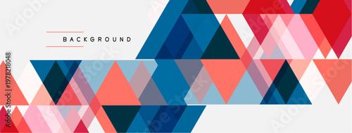 Geometric triangles form abstract background. Pink, blue, red hues create modern design. Minimalist style, clean lines present visual appeal.