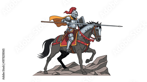 Brave medieval knight in full plate armor rides a powerful dark horse while carrying a long lance across a rocky terrain.