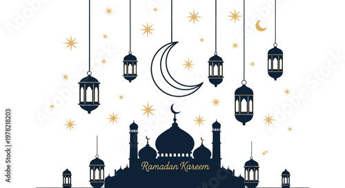 Ramadan kareem illustration with a crescent moon and mosque silhouette