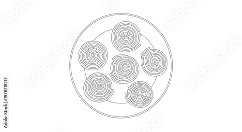 A minimalistic line drawing depicts a plate with six spiral shaped pastries