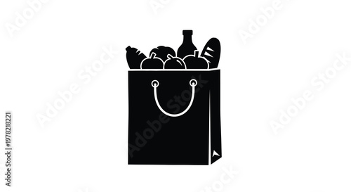 A black silhouette of a paper bag filled with fruits and bread