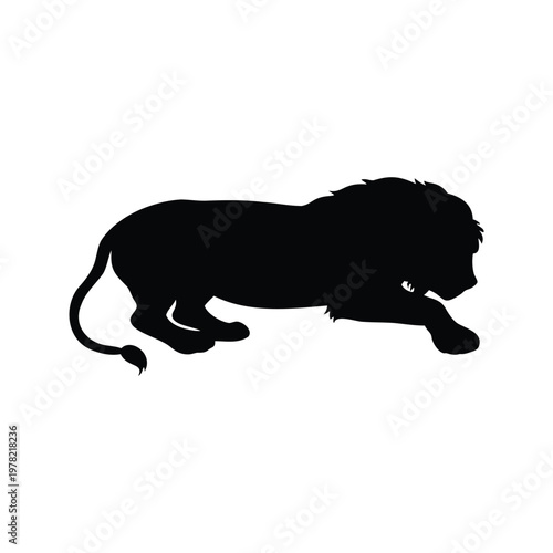 Black and white lion silhouette vector illustration with detailed mane and body, lion sleeping silhouette vector illustration