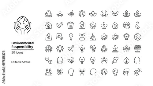 Environmental responsibility icon set. eco-friendly, green energy, recycling, carbon footprint, Sustainability,  renewable resources, conservation icons. Thin line editable stroke vector illustrations