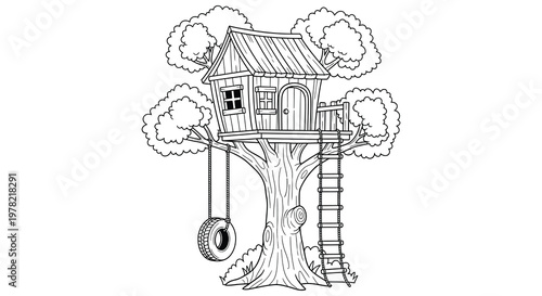 Charming treehouse illustration with surrounding foliage a detailed silhouette