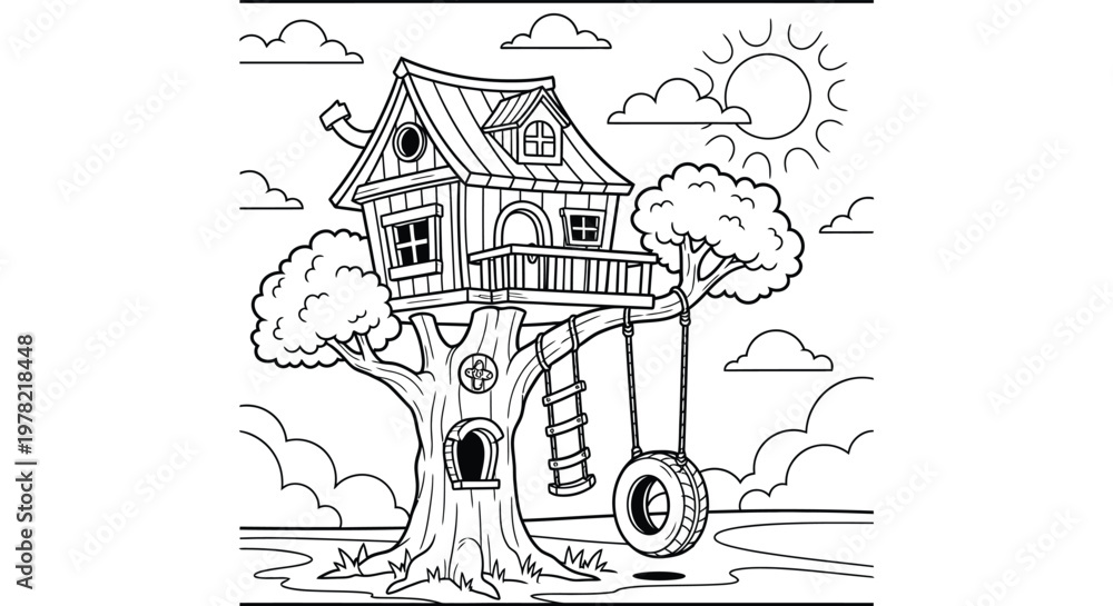 Fototapeta premium Charming treehouse illustration with sun and swing black and white silhouette