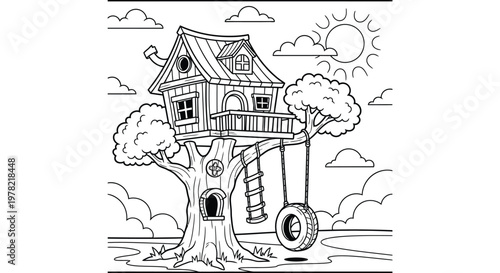 Charming treehouse illustration with sun and swing black and white silhouette