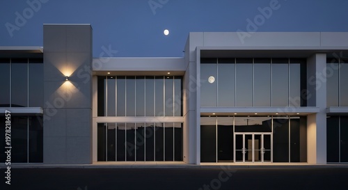 Modern architectural design with glass windows and outdoor lighting.