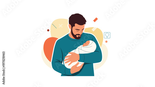 Loving father with a beard gently cradles his newborn baby wrapped in a soft white blanket against a warm background.