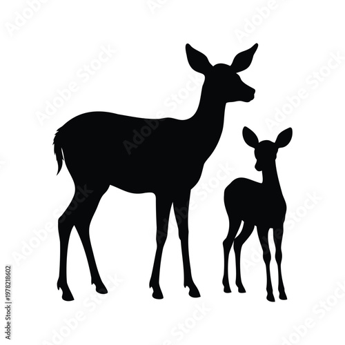 Mother deer with her fawn standing together in a forest silhouette vector design illustration, mother deer with fawn silhouette vector illustration
