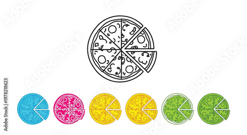 Line art illustration of a pizza with colorful circular variations below
