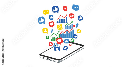Social media icons rising from a smartphone digital communication silhouette