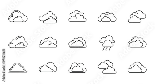 Collection of simple line art cloud icons in various shapes