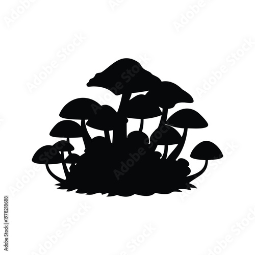 Mushroom cluster in a forest with silhouette vector illustration, mushroom cluster in forest silhouette vector illustration