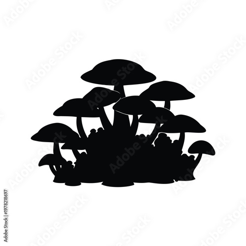 Silhouette of a group of mushrooms in a forest setting, vector illustration design, mushroom cluster in forest silhouette vector illustration