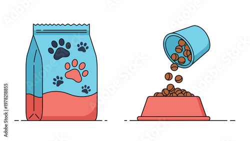Pet owner fills a red bowl with dry kibble from a blue bag of nutritious food for their beloved dog or cat at home.