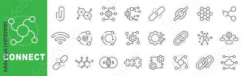 Connect outline icon set featuring network nodes, links, digital communication, global connectivity and technology structure symbols editable stroke line design